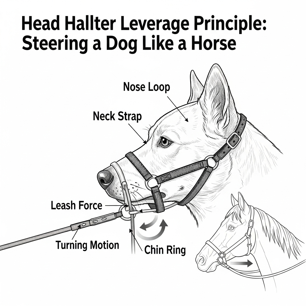 A diagram showing the leverage principle of a head halter, like steering a horse.